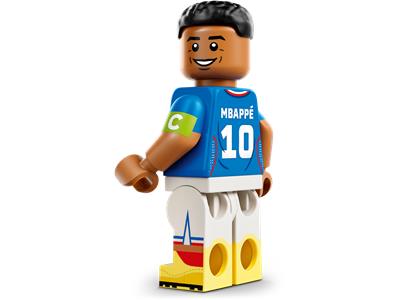 LEGO figure of a soccer player in a blue jersey with 'Mbappe' and number '10'.
