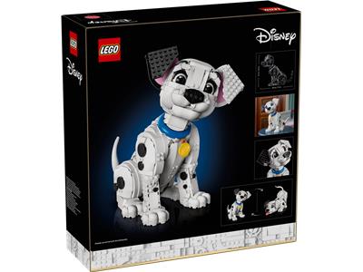 LEGO Disney 101 Dalmatian-themed building set box, showing a assembled white and black dog model with a blue collar on the front of the retail packaging.