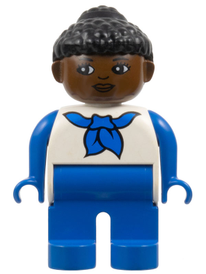 Preowned LEGO® Minifigure – DUPLO 4555pb186b (Duplo Figure, Female, Blue Legs, White Top with Blue Sleeves and Scarf, Black C