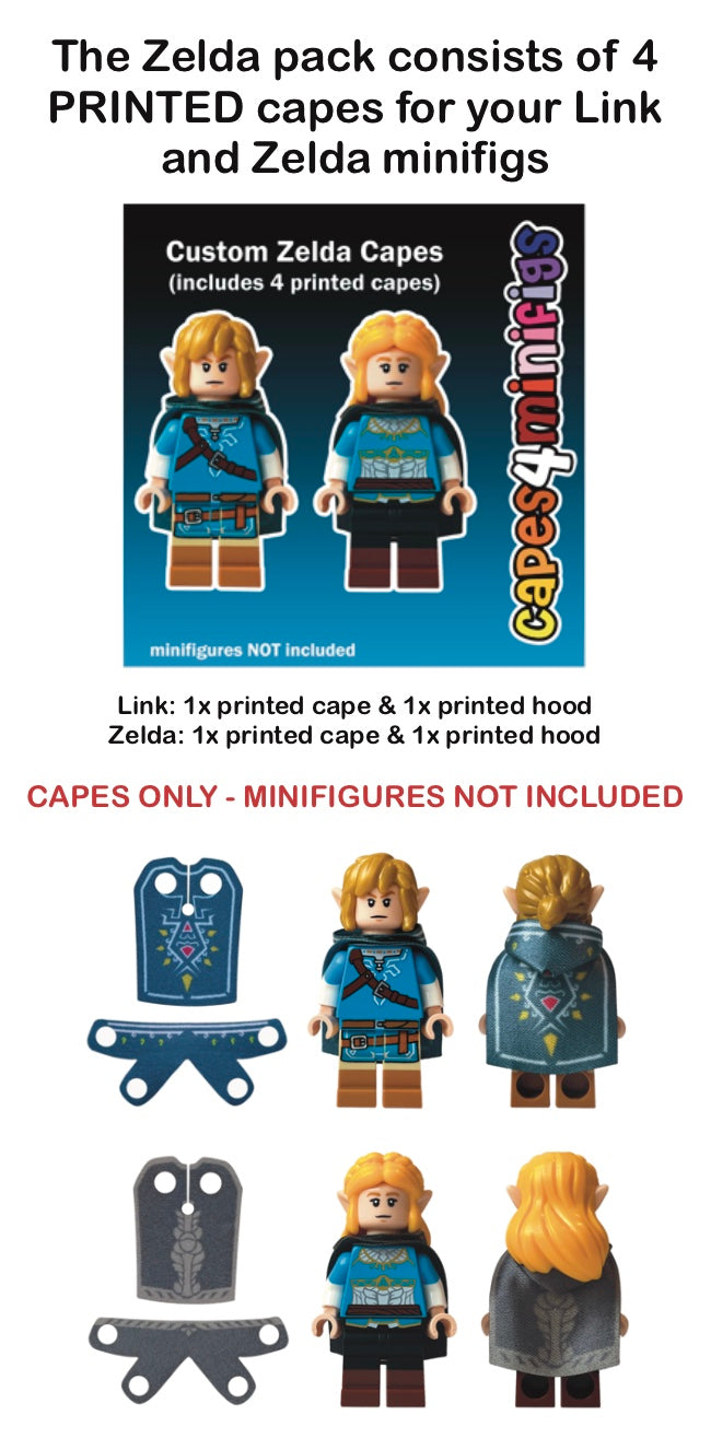 Custom Zelda themed LEGO minifigure printed cape pack, 4 piece set