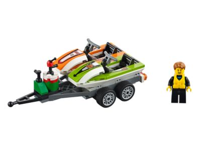 LEGO set with a boat and trailer on a white background