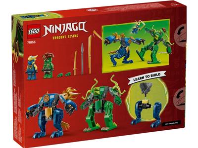 LEGO Ninjago set packaging with character illustrations on a red background