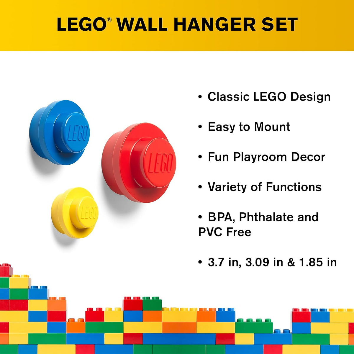 LEGO® Wall Hanger Set 3-Piece Coat Hooks Red Blue Yellow