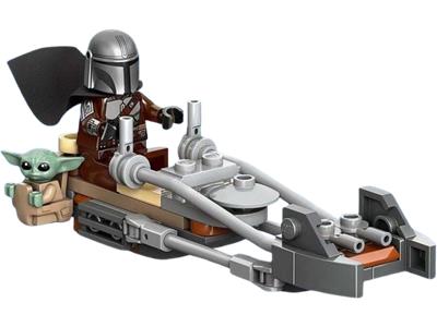 LEGO set featuring The Mandalorian and Baby Yoda with a speeder bike on a white background