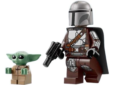 Two LEGO minifigures, one resembling 'The Child' from 'The Mandalorian' and the other resembling 'The Mandalorian', on a white background.