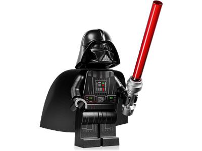 LEGO Darth Vader figure holding a red lightsaber on a white background