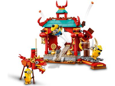 A toy building set featuring a red and teal Chinese-style pagoda structure with a Minion character attached, plus two small yellow Minions figures and a red dragon figure, all on a plain white background.