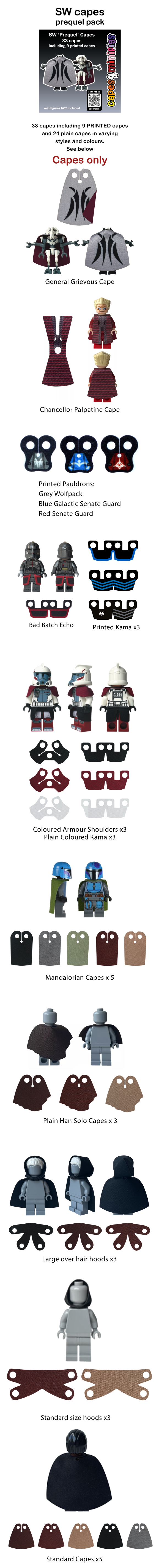LEGO Star Wars Prequel Trilogy custom minifigure cape pack, 33 piece assorted set
