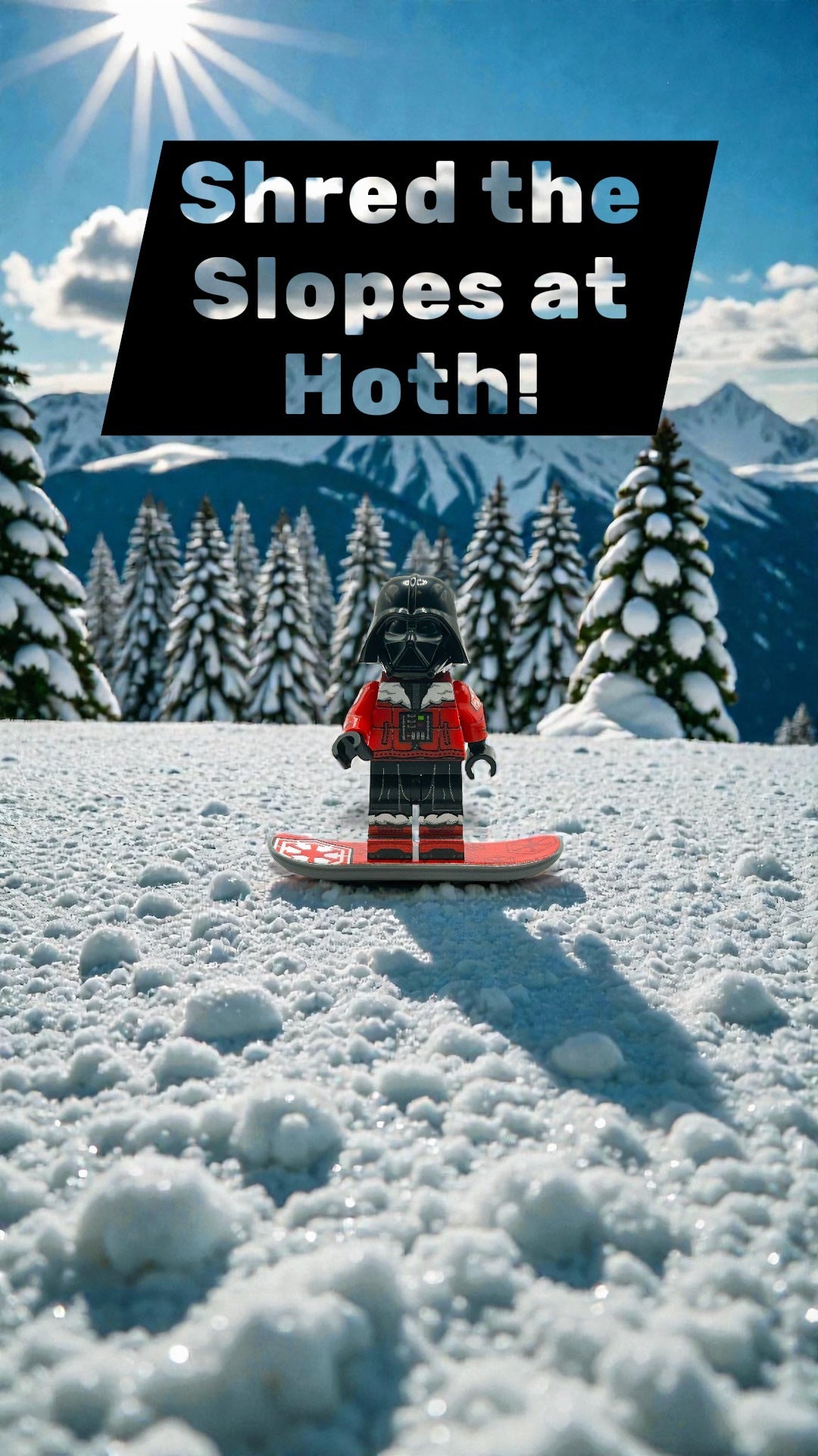 Person on a snowboard with snowy landscape and trees, text 'Shred the Slopes at Hoth!'.
