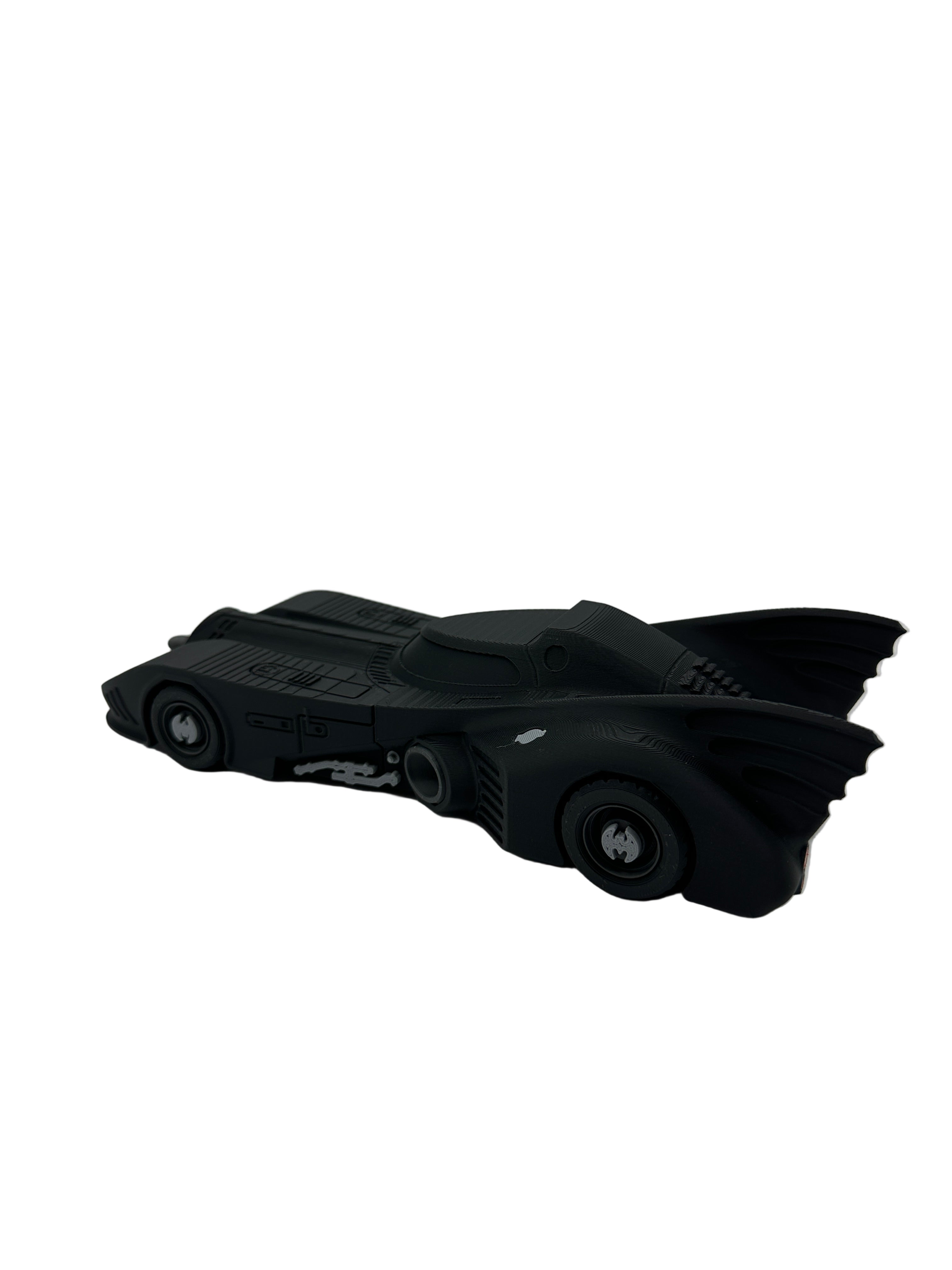 Collector display of 3D Printed 1989 Batmobile model with detailed PLA+ finish

