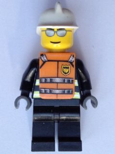 LEGO® Minifigure Town WC016s Fire - Reflective Stripes, Black Legs, White Fire Helmet, Silver Sunglasses, Orange Vest