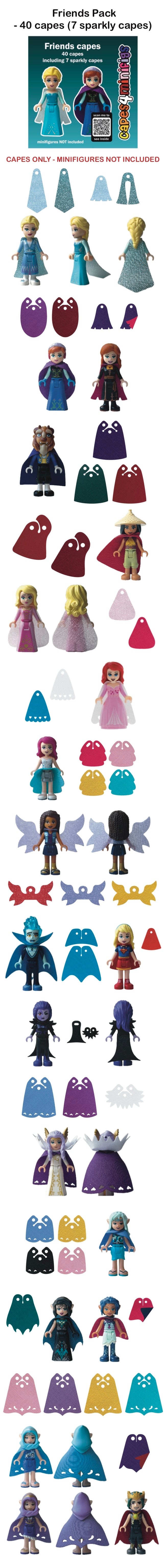 Friends themed custom LEGO minifigure cape pack, 40 piece assorted set including sparkly capes