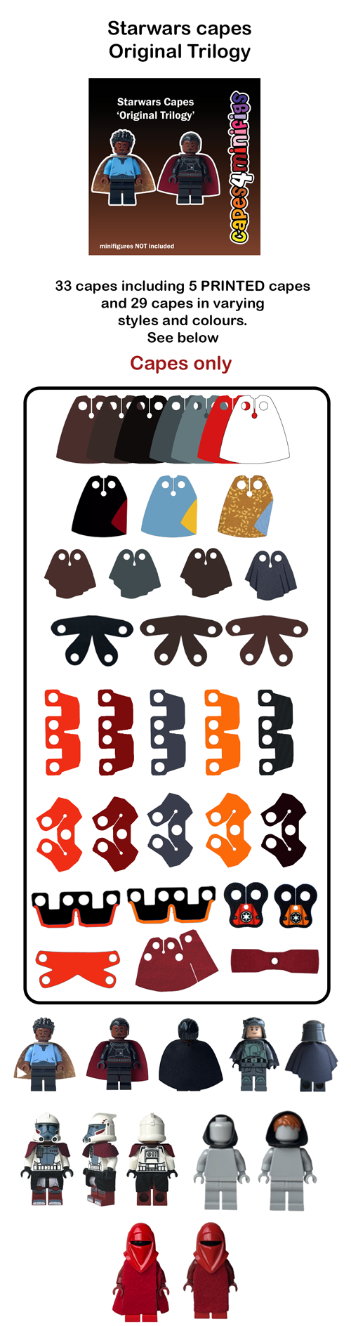 LEGO Star Wars Original Trilogy custom minifigure cape pack, 24 piece assorted set