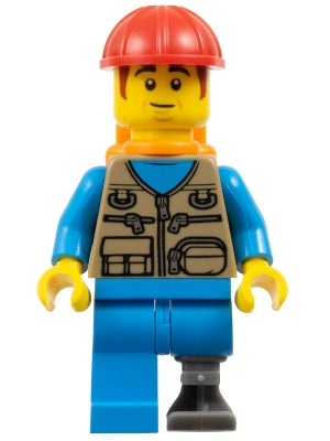Preowned LEGO® Minifigure – BrickLink Designer Program adp122 Train Worker - Male, Dark Tan Vest, Dark Azure Legs, Prosthetic