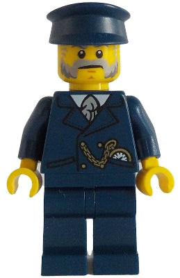 Preowned LEGO® Minifigure – BrickLink Designer Program adp134 Train Conductor - Male, Dark Blue Suit and Hat, Dark Bluish Gra