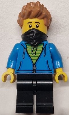 Preowned LEGO® Minifigure – BrickLink Designer Program adp138 Train Worker - Male, Dark Azure Hoodie with Green Striped Shirt