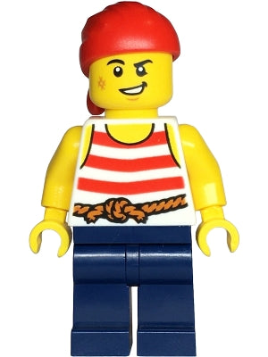 Preowned LEGO® Minifigure – BrickLink Designer Program adp144 Pirate - Male, White Shirt with Red Stripes, Dark Blue Legs, Re