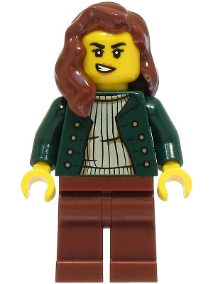 Preowned LEGO® Minifigure – BrickLink Designer Program adp158 (Lost City Explorer - Female, Dark Green Open Jacket, Reddish B