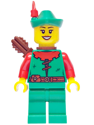 Preowned LEGO® Minifigure – BrickLink Designer Program adp167 (Forest Stronghold Forestwoman - Red, Green Hat, Red Feather, Q