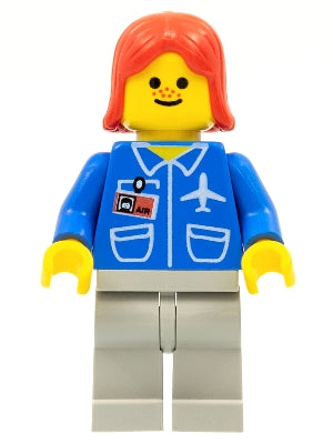 Preowned LEGO® Minifigure – Town air016 Airport Blue Light Gray Legs Red Female Hair