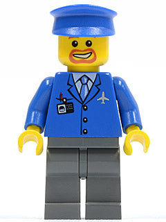 Preowned LEGO® Minifigure – Town air038 Airport Blue 3 Button Jacket & Tie Blue Hat Dark Bl