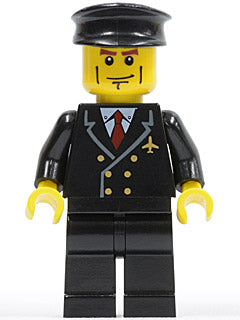 Preowned LEGO® Minifigure – Town air043 Airport Pilot w/Red Tie and 6 Buttons Black Legs Bl
