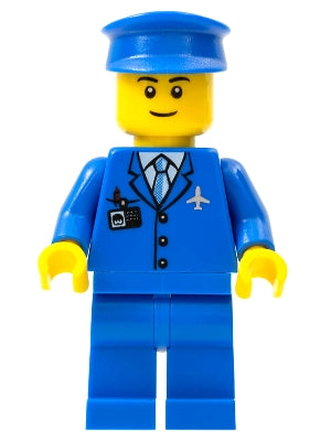 Preowned LEGO® Minifigure – Town air046a Airport Blue 3 Button Jacket and Tie Blue Hat Blue