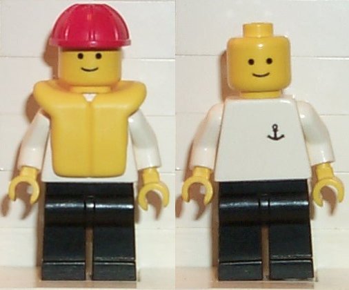 Preowned LEGO® Minifigure – Town boat005 Boat Worker Torso w/Anchor Black Legs Red Construc