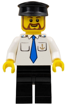 Preowned LEGO® Minifigure – Town boat012 Boat Captain w/Blue Tie and Anchor on Pocket Black