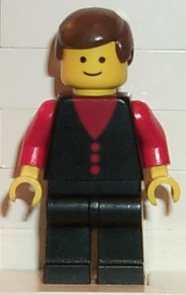 Preowned LEGO® Minifigure – Town but002 Shirt w/3 Buttons Red Red Arms Black Legs Brown Mal