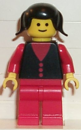 Preowned LEGO® Minifigure – Town but004 Shirt w/3 Buttons Red Red Arms Red Legs Black Pigta