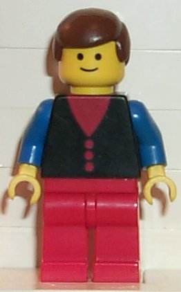 Preowned LEGO® Minifigure – Town but030 Shirt w/3 Buttons Red Blue Arms Red Legs Brown Male