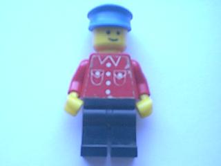 Preowned LEGO® Minifigure – Town but033 Shirt w/4 Buttons Red Black Legs Blue Hat
