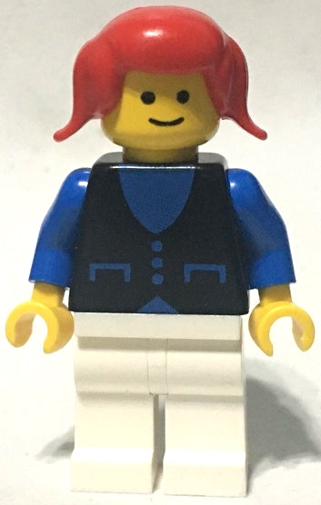 Preowned LEGO® Minifigure – Town but034 Shirt w/3 Buttons Blue White Legs Red Pigtails Hair