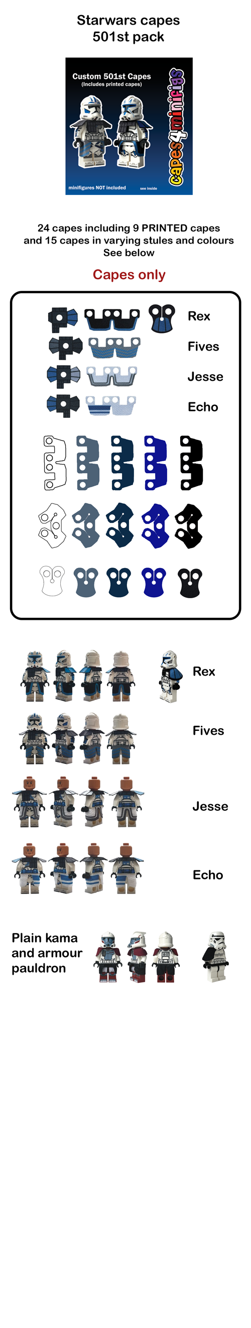 LEGO Star Wars 501st Legion custom minifigure cape pack, 24 piece assorted set