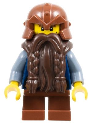 Preowned LEGO® Minifigure – Castle cas355a Fantasy Era - Dwarf, Dark Brown Beard, Reddish Brown Helmet with Studded Bands
