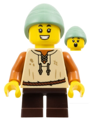 Preowned LEGO® Minifigure – Castle cas584 Peasant Boy - Tan Vest, Dark Brown Short Legs, Sand Green Slouch Hat