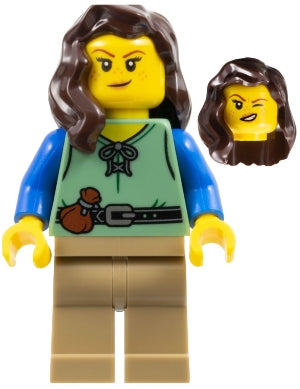 Preowned LEGO® Minifigure – Castle cas587 Shieldsmith - Female, Sand Green Vest, Dark Tan Legs, Dark Brown Hair over Shoul
