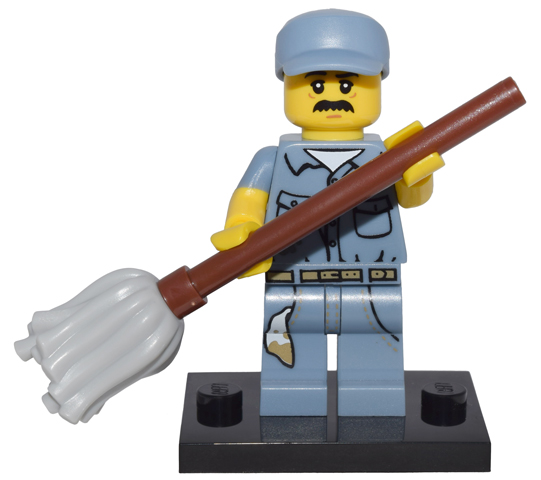 LEGO® Collectible Minifigure Series 15 – col15-9 Janitor  set w/Stand & Acces Complete Set with Stand & Accessories