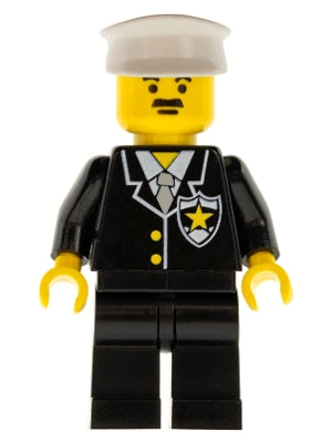 Preowned LEGO® Minifigure – Town cop002 Police Suit w/Sheriff Star Black Legs White Hat