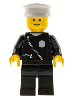 Preowned LEGO® Minifigure – Town cop013 Police Zipper w/Badge Black Legs White Hat