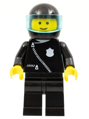 Preowned LEGO® Minifigure – Town cop027 Police Zipper w/Badge Black Legs Black Helmet Trans