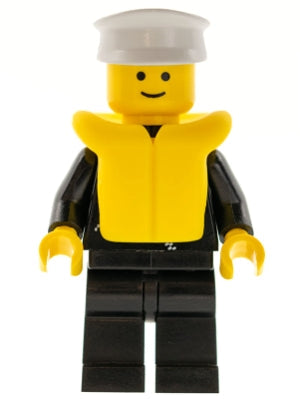 Preowned LEGO® Minifigure – Town cop030 Police Zipper w/Badge Black Legs White Hat Life Jac