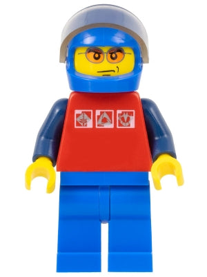 Preowned LEGO® Minifigure – Town cty0196 Red Shirt w/3 Silver Logos Dark Blue Arms Blue Leg