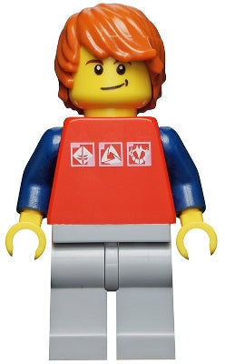 Preowned LEGO® Minifigure – Town cty0312 Red Shirt w/3 Silver Logos Dark Blue Arms Light Bl
