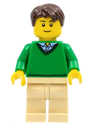 Preowned LEGO® Minifigure – Town cty0547 Green V-Neck Sweater Tan Legs Dark Brown Short Tou