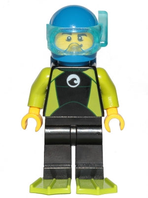 Preowned LEGO® Minifigure – Town cty1062 Diver Male Black Wetsuit w/White Logo and Lime Tri