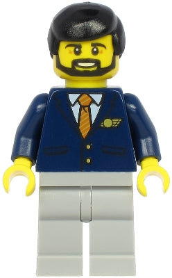 Preowned LEGO® Minifigure – Town cty1190 Steward Male Black Hair Dark Blue Suit w/Striped T