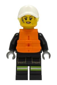 Preowned LEGO® Minifigure – Town cty1309 Fire Female Black Jacket and Legs w/Reflective Str