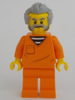 Preowned LEGO® Minifigure – Town cty1701 Police - City Jail Prisoner Male, Orange Prison Jumpsuit, Light Bluish Gray Hair